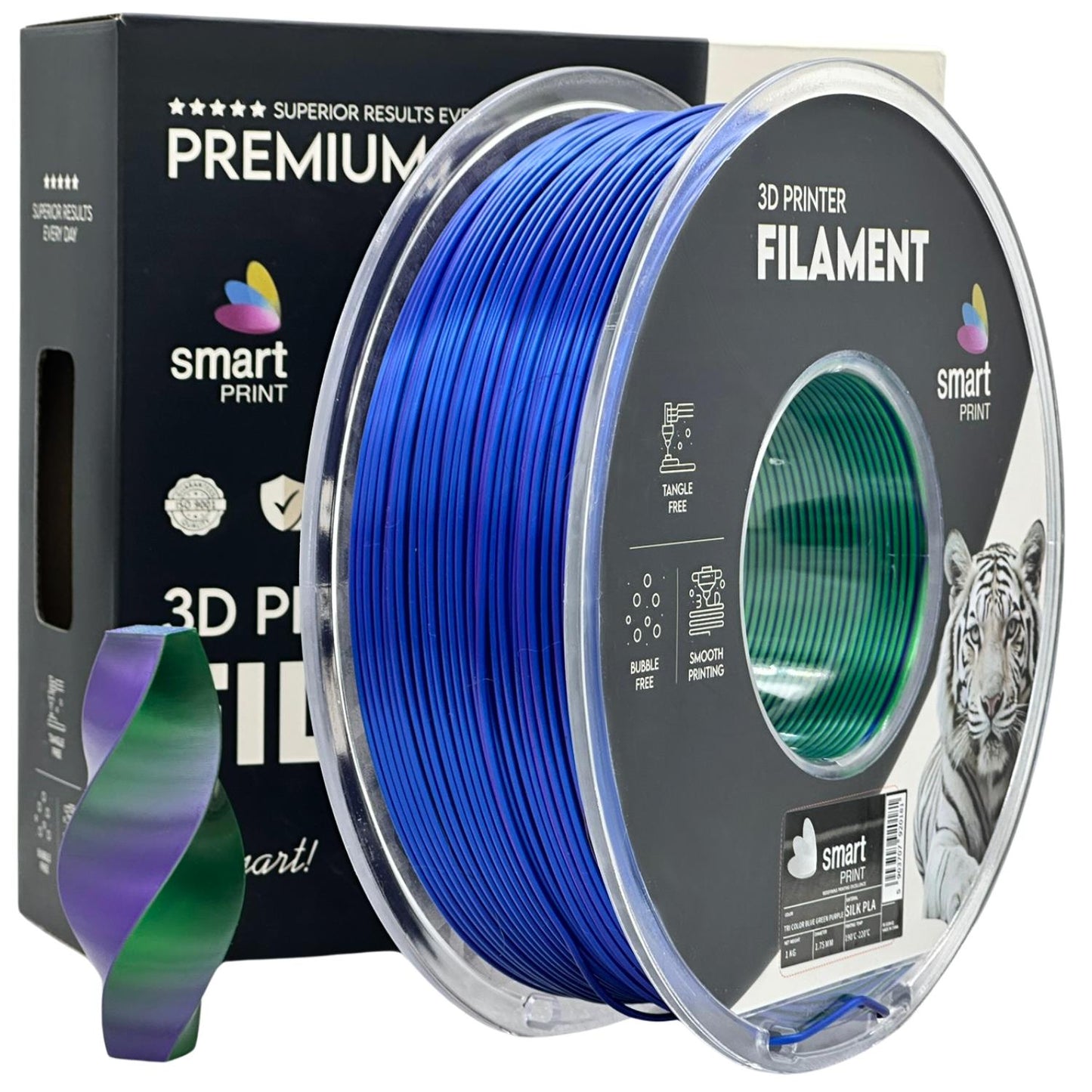 Filamento Silk PLA Tri Color Azul Verde Roxo 1kg - Smart Print