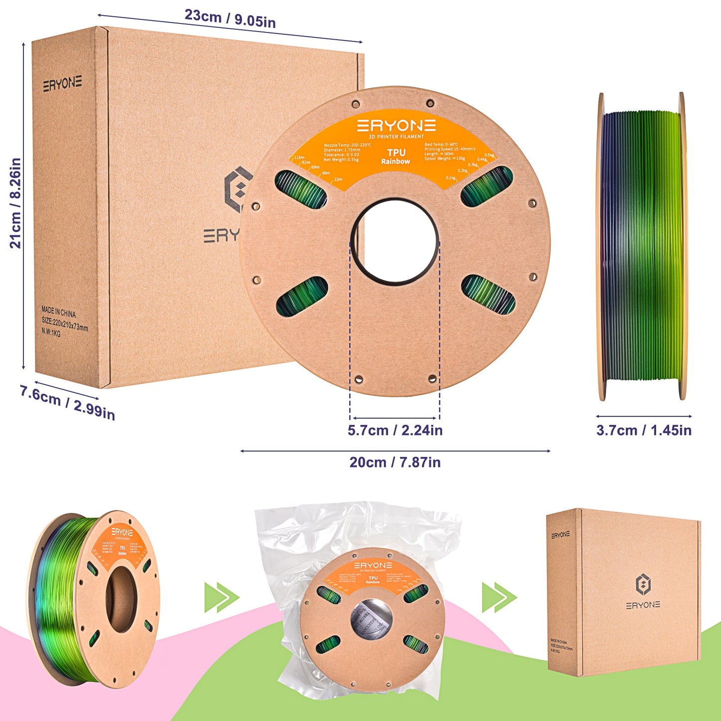 ERYONE TPU Rainbow ，1.75 mm±0.05 mm（0.5kg） 0.5kg